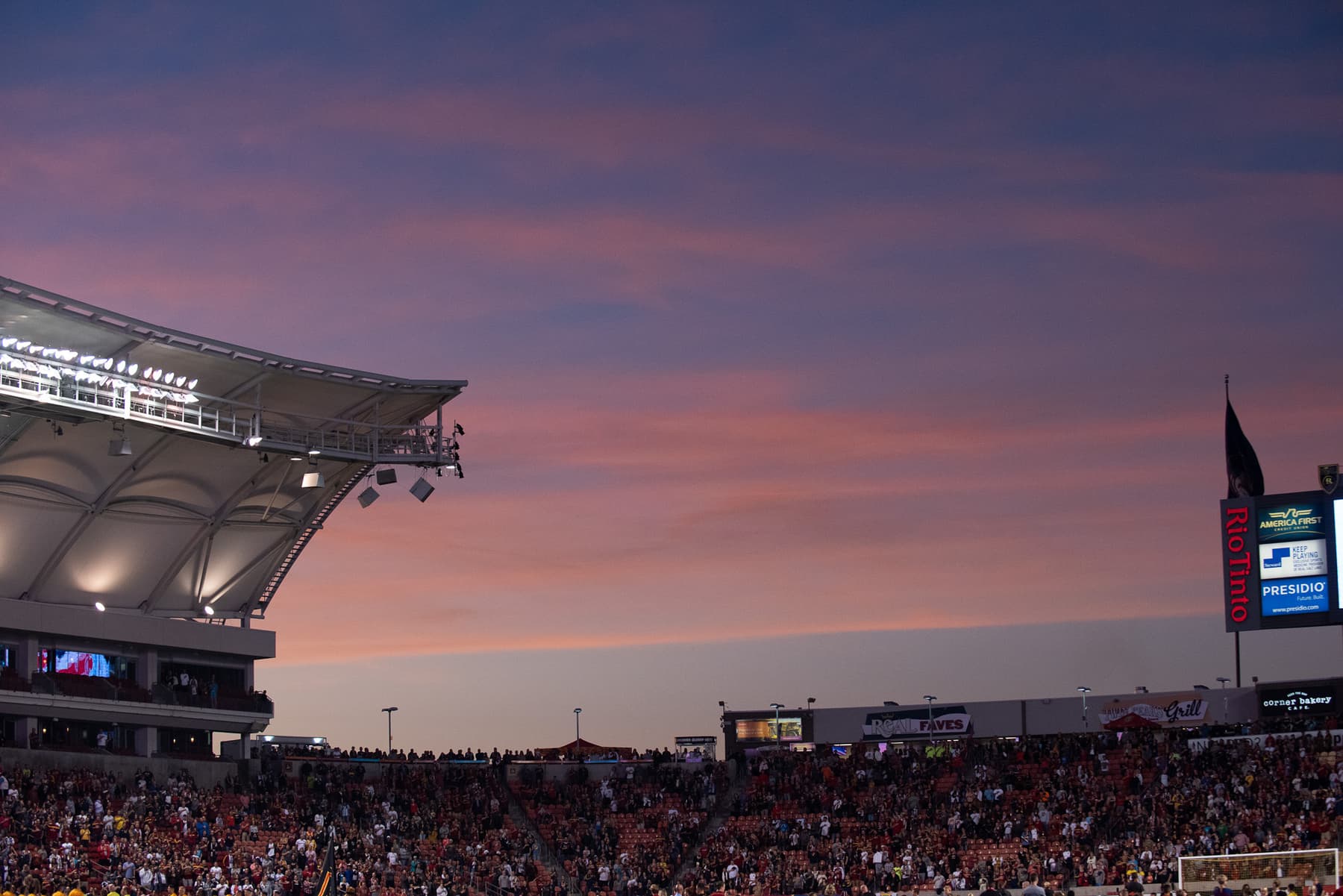 A view of Real Salt Lake's stadium at sunset