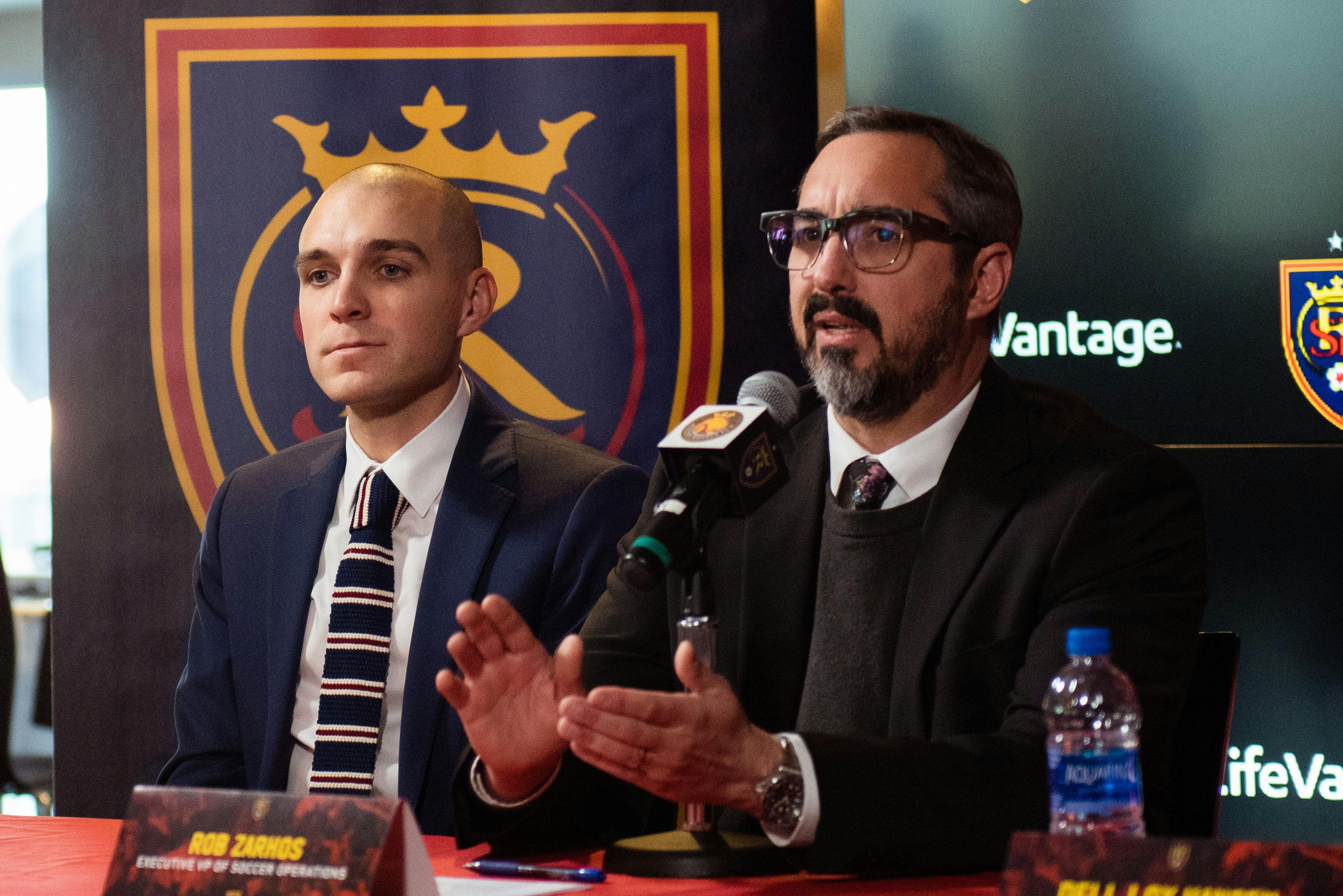 Rob Zarkos speaking at a 2019 press conference announcing Freddy Juarez as RSL head coach and Elliot Fall as general manager.