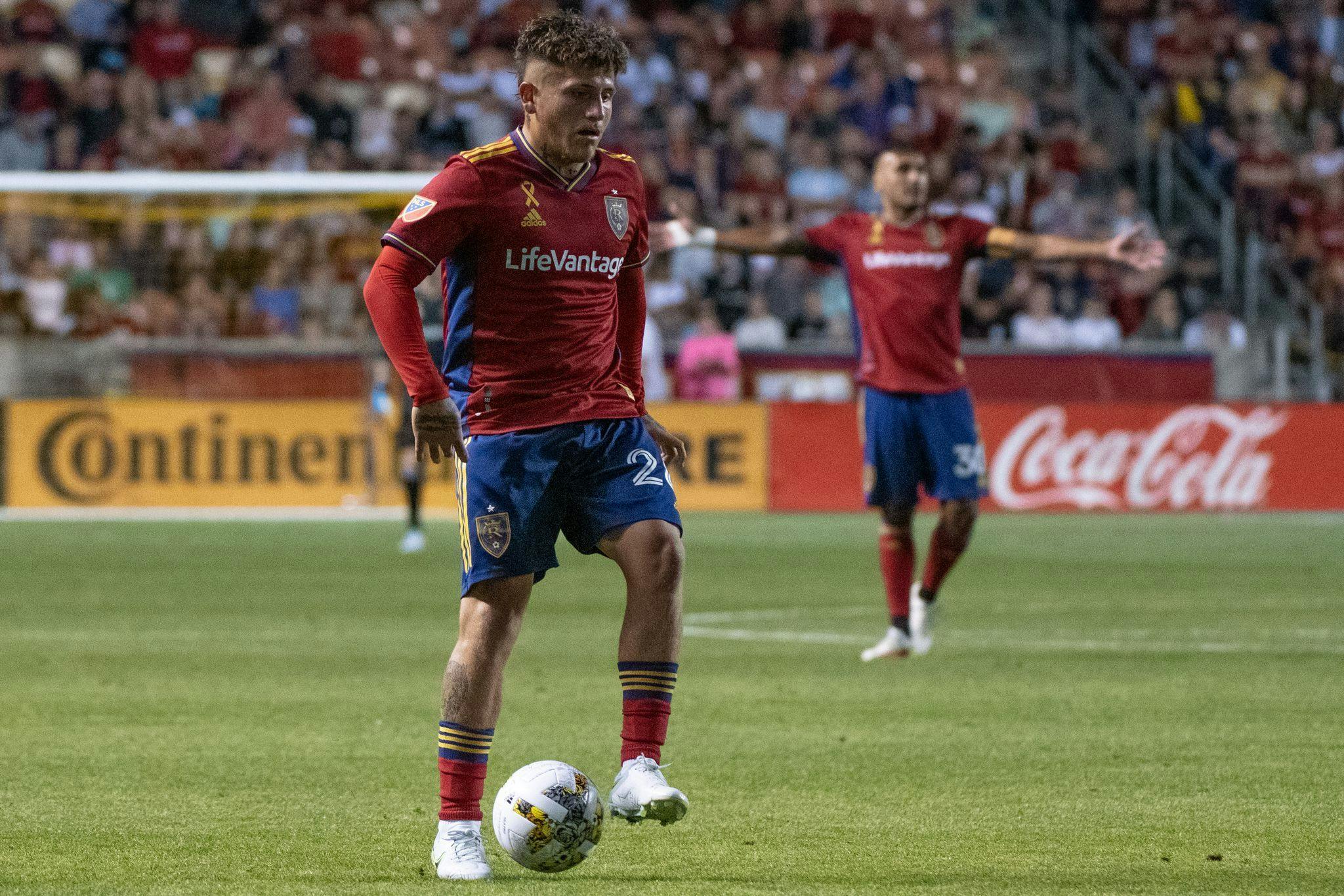 Diego Luna standing on the ball during a match against FC Cincinnati. 