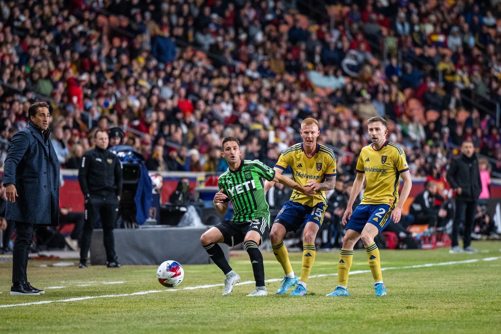 Andrew Brody and Justen Glad defend against Austin FC.